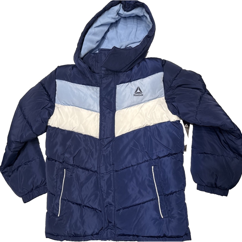 Reebok Boys Hooded Stretch Jacket Puffer Coat Medieval Blue With Hood - L - NWTs